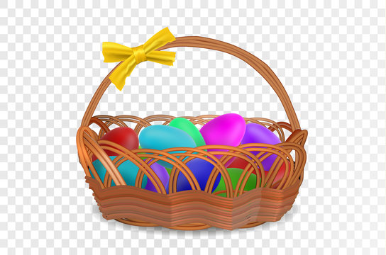 Realistic basket with Easter eggs isolated on a transparent background. Vector eps10