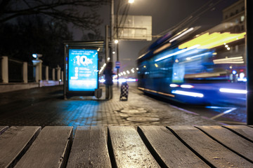 Moscow, Russia - December, 23, 2019: image of a bus traveling in Moscow at night