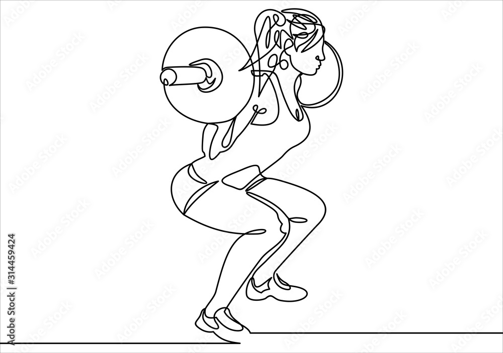 Poster woman lifting weights continuous one line drawing. squats with barbell linear design element