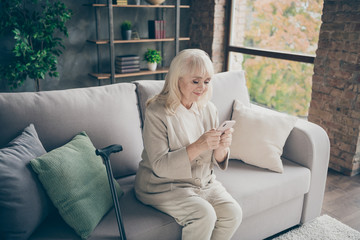 Portrait of her she nice attractive lovely focused friendly gray-haired granny sitting on divan...