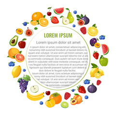 Fruits frame vector illustration. Vector fruits and berries collection set. Healthy lifestyle and diet poster