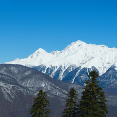 Amazing mountain landscape in Caucasus highlands. Winter in Rosa Khutor.