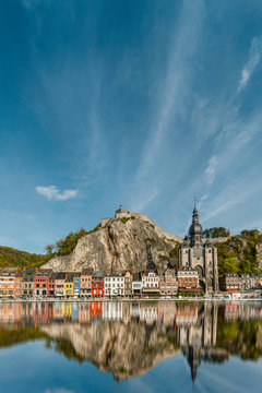 Dinant Belgium, vertical ancient city europe. colourful. waterfront, river