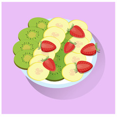 Fruit breakfast on a plate of kiwi, strawberries and bananas