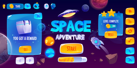 Graphic user interface for space adventure game. Vector screen of app gui design with glossy menu buttons and icons, panel with level and assets, start banner and background with rocket and planets - obrazy, fototapety, plakaty