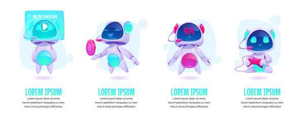 Cute chat bot, robot assistant in different poses. Vector set with futuristic funny character with artificial intelligence for mobile messenger with service center, customer support