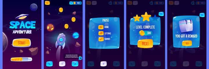 Graphic user interface for space adventure game. Vector set of gui app screens with glossy menu buttons and icons, panel with pause and reward, start banner and futuristic background with rocket