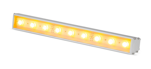 Yellow LED flood light outdoor projector lamp isolated on white background.