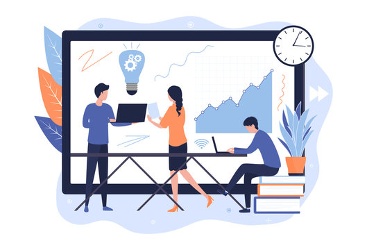 Concept of effective managers. A team of analysts studies sales data, discusses schedules and plans to promote products and services, local SEO. Vector flat illustration on a white background.