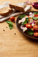 delicious Italian vegetable salad panzanella served on plate on wooden table near fresh ingredients and bread