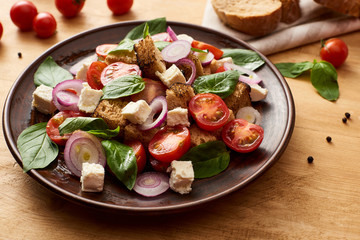 delicious Italian vegetable salad panzanella served on plate on wooden table near fresh ingredients