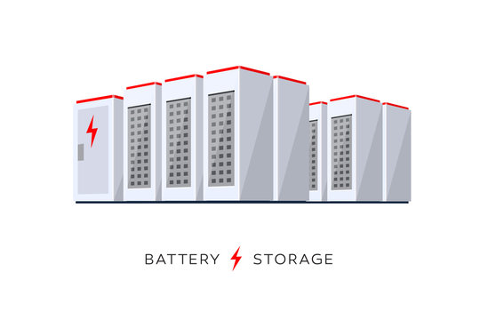 Vector illustration of large rechargeable lithium-ion battery energy storage stationary for renewable electric power station generation. Backup power energy storage cloud system on white background.