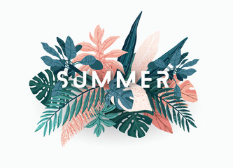 Summer tropical vector design for banner or flyer with exotic palm leaves, monstera and 3d typography.