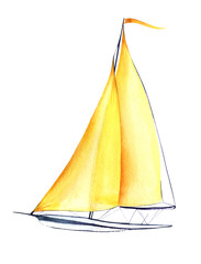 Decorative element. Yellow sailing ship with orange flag. Light pleasure yacht sailboat on white background Hand drawn watercolor illustration on white background.