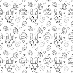 Vector easter pattern. Envelope, rabbit, easter eggs, hearts by a line by hand on a white background. Illustration for the celebration of Easter for the design of packaging, cards, textiles.