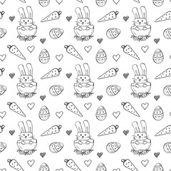 Vector illustration. Seamless pattern with Easter bunny sitting in the eggshell, carrots, Easter eggs, hearts. Cute animal drawn by a line with flowers and berries
