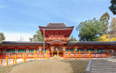 Chumon and Oro of Kasugataisha shrine with autumn leaves in Nara, Japan