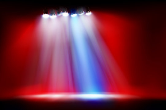 Empty stage during the show. Place for the exhibition illuminated by spotlights. Red background. Vector illustration.