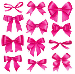 Watercolor big set with colorful pink satin bows, isolated on white