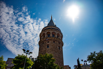 Fototapeta na wymiar The view of Galata Tower from below and cloudy sky