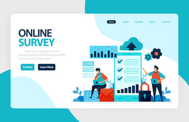 Landing page online survey. Satisfaction feedback, review form service, Exams Choices Flat character for learning and survey consultants. for banner, illustration, web, website, mobile apps, flyer