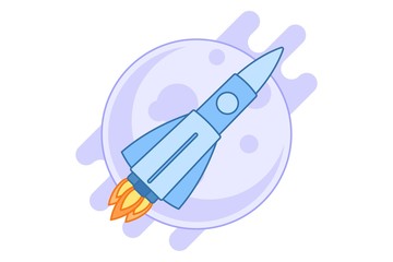 Flat style illustration of a rocket launch in the sky with a planet or satellite background. Cartoon style isolated on white background.