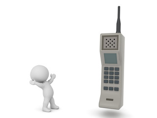 3D Character looking up at big retro cellphone
