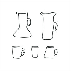 Line hand drawn icon set of kitchen utensils. Doodle cooking related objects. Items for menu jug, pitcher, jar, bowl. Dishware 