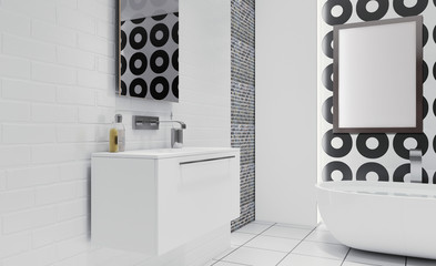 Bathroom in a private house. modern design. fresh room.Blank paintings.  Mockup.. 3D rendering