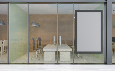 offices in a large business center. panoramic glass walls. modern design. Meeting room. 3D rendering.. Empty paintings