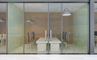 offices in a large business center. panoramic glass walls. modern design. Meeting room. 3D rendering.