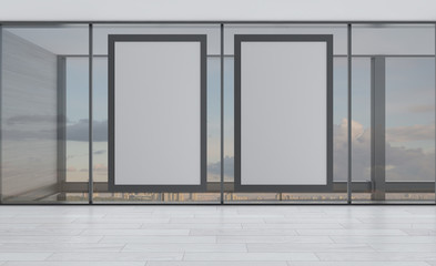 Fototapeta premium large business center with panoramic windows. modern design. open space.. Meeting room. 3D rendering.. Empty paintings