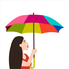 Cartoon woman with rainbow umbrella in a good mood isolated on white