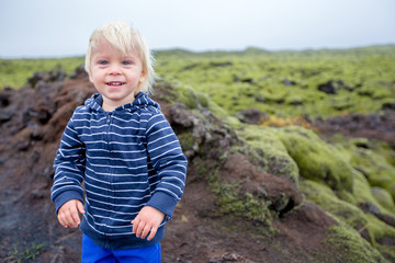 Naklejka na ściany i meble Smiling toddler child, boy, posing in front of beautiful wooly moss on a rainy day in Iceland