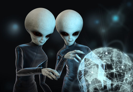 Two aliens study the planet Earth on a light map. 3 d illustration.