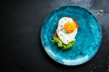 fried eggs, healthy food (delicious snack) menu concept. food background. top view. copy space