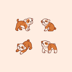 Cartoon dog icon set. Different poses of bulldog. Vector illustration for prints, clothing, packaging, stickers.