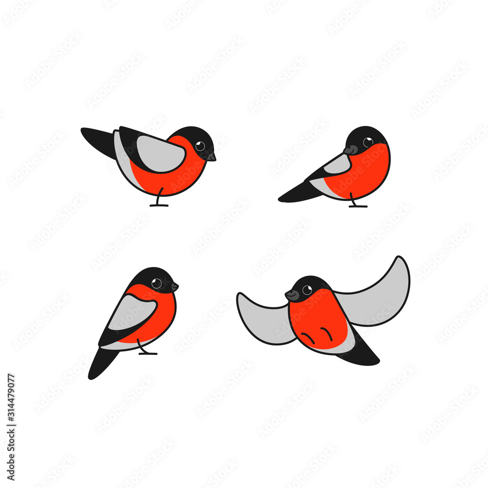 Wall mural Cartoon bird icon set. Different poses of bullfinch. Good illustration for prints, clothing, packaging, stickers.