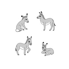 Cartoon donkey icon set. Different poses of cartoon animal. Good illustration for prints, clothing, packaging, stickers.