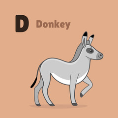 Cartoon donkey, cute character for children. Good illustration in cartoon style for abc book, poster, postcard. Animal alphabet - letter D.