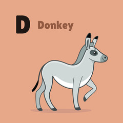 Cartoon donkey, cute character for children. Vector illustration in cartoon style for abc book, poster, postcard. Animal alphabet - letter D.
