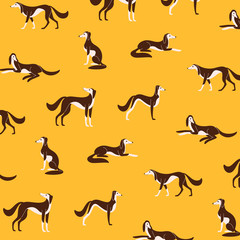 Simple trendy pattern with cartoon dog. Different poses of greyhound. Good illustration for prints, clothing, packaging and postcards.