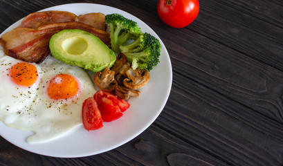 Ketogenic diet breakfast closeup on white table.