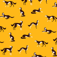 Simple trendy pattern with cartoon dog. Different poses of greyhound. Good illustration for prints, clothing, packaging and postcards.