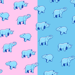 Animal pattern with cartoon elephant, hippo, rhino. Cute illustration for prints, clothing, packaging and postcards.