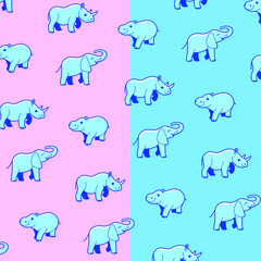 Animal pattern with cartoon elephant, hippo, rhino. Cute illustration for prints, clothing, packaging and postcards.