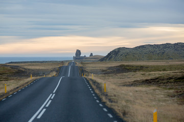 Scenic landscape view of Icelandic road and beautiful areal view of the nature autumntime