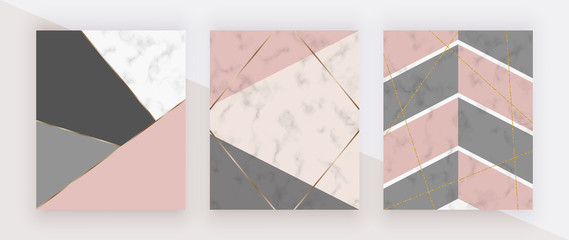 Geometric cover with pink, grey triangular shapes, golden lines on the white marble texture. Modern backgrounds for menu, banner, card, flyer, invitation, product package, brochure. - obrazy, fototapety, plakaty