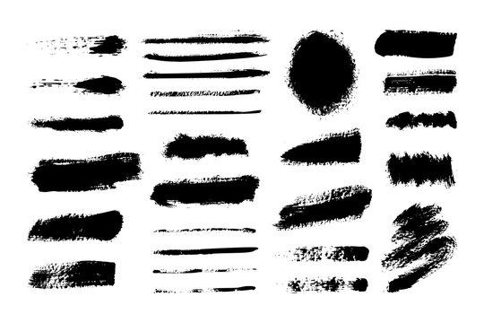 Collection of ink line Brush Strokes. Set of vector Grunge Brushes. Dirty textures of banners, boxes, frames and design elements. Painted objects Isolated on white background