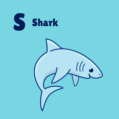 Cartoon shark, cute character for children. Good illustration in cartoon style for abc book, poster, postcard. Animal alphabet - letter S.